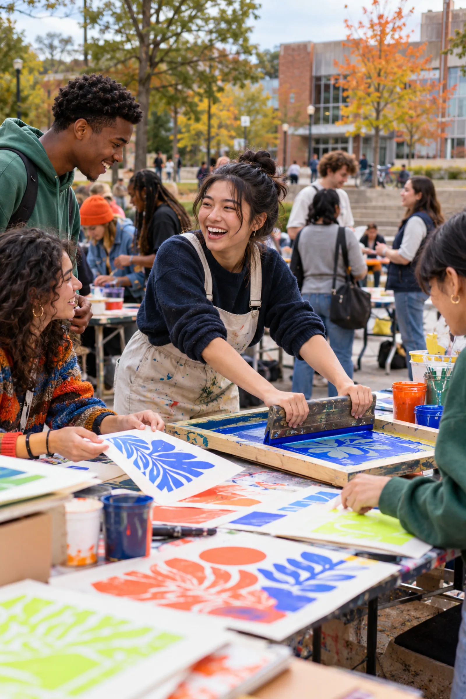 Students screen-printing together at an outdoor campus workshop