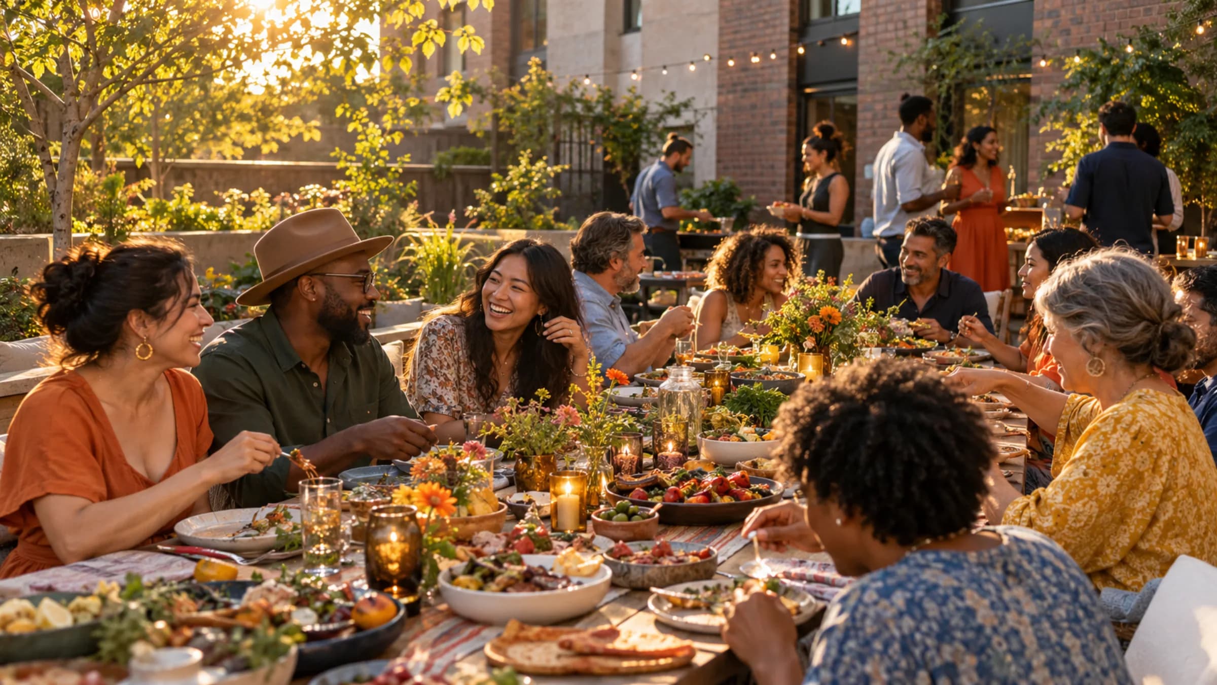 Neighbors sharing a meal around a long table in a residential courtyard